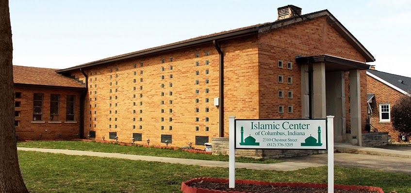 The brick masjid building with the Islamic Center of Columbus, Indiana sign on the front lawn